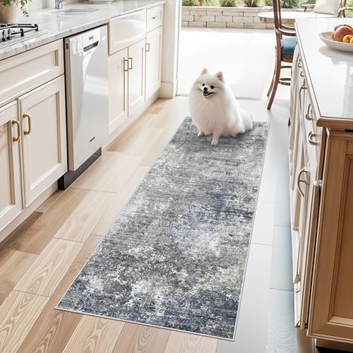 2x5 Rug Runner Non-Slip Washable– Modern Neutral Abstract Kitchen Bathroom Hallway Bedroom Area Rug – Soft Thin Low-Pile Small Short Floor Mat (Blue Grey,2x5) - color: Blue Gray, size: 2' x 5' (Rectangular)