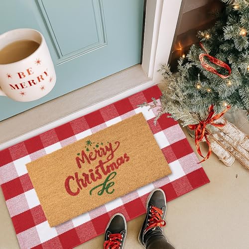 Christmas Door Mat Combo Set - 100% Coco Coir Welcome Mat + 28 x 43 Inch Red and White Plaid Rug, New Year Holiday Christmas Collection Doormat for Front Porch Entryway Decorative