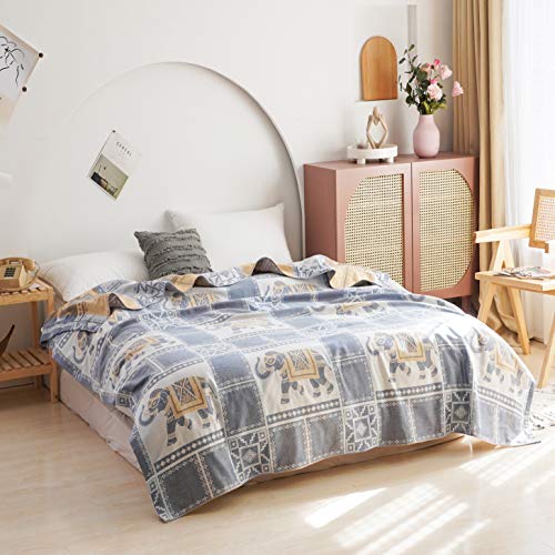 MEJU Elephant Check Geometric Muslin Lightweight Summer Blanket for Bed Sofa Couch, 100% Combed Cotton 2 Layer Soft Warm Quick Dry Throw Blanket Bed Coverlet Sheet Blue F/Q 80 in X 90 in - color: Elephant Blue, size: F/Q 80 in x 90 in