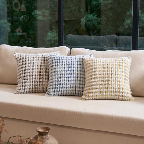 Aeckself Boho Chenille Tufted Pillow Cover 18x18 Inch, Decorative Square Throw Pillow Cover Neutral Pillowcase for Couch Bedroom Living Room, Blue White - color: Blue White, size: 18" x 18" (Pack of 1)