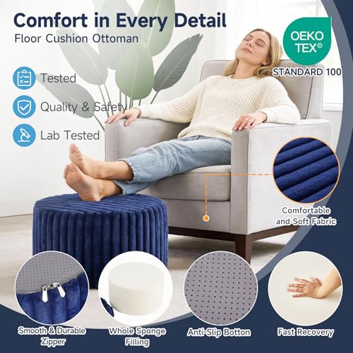 Tiita Round Stuffed Pouf Ottoman, Stripe Faux Fur Poufs with Foam Chunk Filling, Furry and Fluffy Pouf 21×21×12 inch Foot Stool Storage Ottoman,Puff Office Foot Rest for Couch Living Room, Navy Blue - color: Striped Round Navy Blue