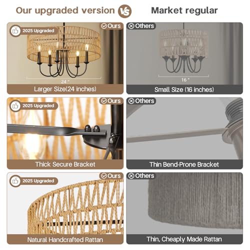24 Inch Farmhouse Rattan Chandelier, Hand-Woven Boho Pendant Light Fixture with Black Metal Frame, Rustic Hanging Ceiling Lighting for Dining Room, Kitchen Island, Living Room, Bedroom - color: Rattan B