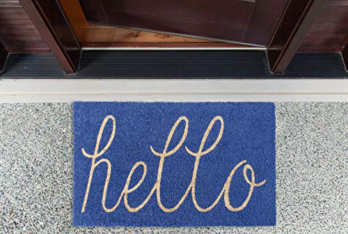 DII Hello Coir Fiber Doormat Non-Slip Durable Outdoor/Indoor, Pet Friendly, 18x30, Blue - color: Blue