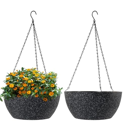 WSMKSZ 13 inch Large Hanging Planters Plant Pots for Outdoor Indoor Plants with Drainage Holes and Chain, 2 Pack Round Hanging Flower Pots for Garden Home Porch Decor, Speckled Black - color: Speckled Black, size: 13inch 2pcs