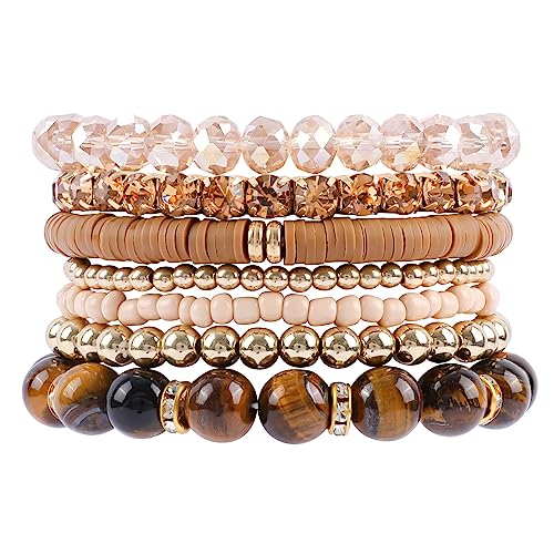 Bohemian Natural Stone Beaded Bracelets for Women Men Stackable Stretch Beads Bracelet Set with Charm and Tassel Multilayered Elastic Gemstone Bracelets Summer Beach Boho Jewelry Gift for Women - color: Brown-1