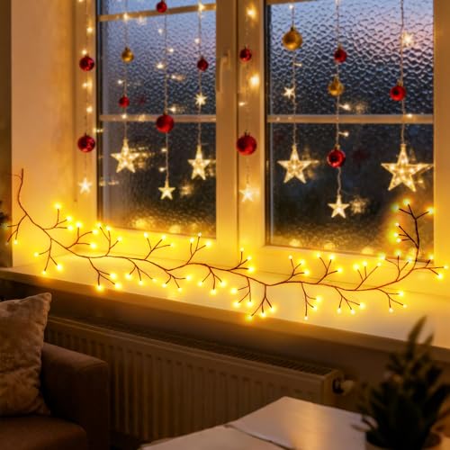 Willow Vine Lights for Window Frame: 7.9Ft Decorations Willow Vine Fairy Lights for Wall Bedroom Fireplace Decor - 72 Warm LED Bendable DIY Enchanted Vines with Light for Living Room Decor - color: 72 spherical LED lights, brown vine, without remote contr