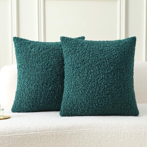 FUTEI Dark Green Throw Pillow Covers 16x16 Inch Set of 2,Furry Faux Fur Teddy Boucle Textured Cushion Covers,Soft Fluffy Decorative Pillow Case,Home Decor for Couch Bed Living Room Office Car - color: Dark Green, size: 16" x 16" (Pack of 2)