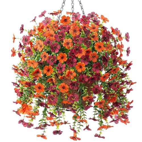 Ammyoo Artificial Fake Hanging Flowers Plants with Basket for Outdoor Decor, Fake Mums Plants No Fade Plastic Faux Silk Daisy Flowers Decoration for Outside Garden Porch Patio(Yellow Brown) - color: Gyellow Brown