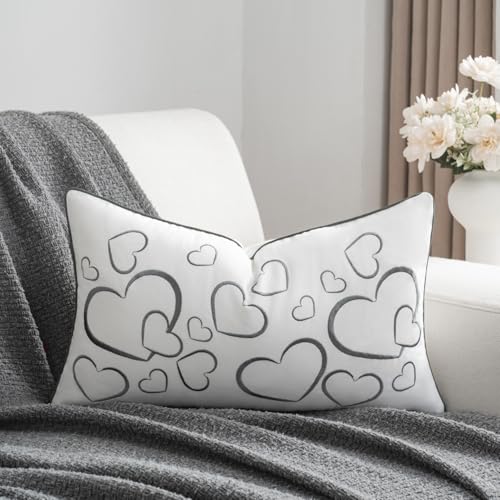 Sanmetex Embroidery Loving Heart Lumbar Pillow Covers, Soft Decorative Throw Pillow Case 12x20 Inches for Bed Bedroom Living Room and Home Décor Grey - color: Loving Heart, size: 20" x 12"
