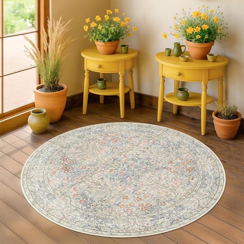 Beige Blue 3ft Round Rug for Bedroom, Entryway, Bathroom - Soft Small Circle Rugs for Home Office, Nurery, Kitchen, Pastel Washable Throw Rug Non Slip & Low Pile Carpet Décor - color: Beige Blue, size: 3' (Round)