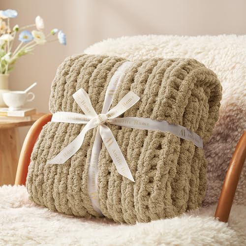 Amélie Home Chunky Knit Throw Blanket for Couch, Soft Chenille Handmade Crochet Throw Rope Knit Blanket for Bed, 40"x50", Beige - color: Beige, size: 40"x50"