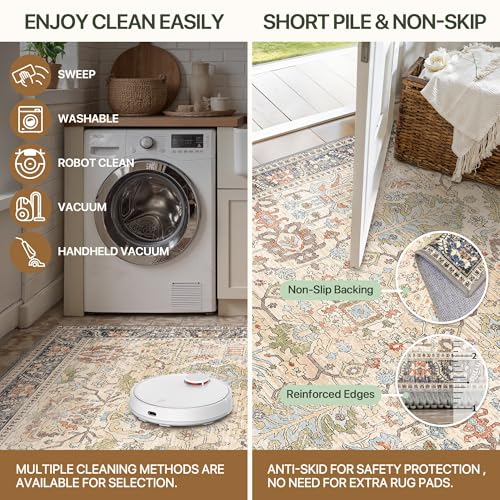 Bavni Area Rug 3x5, Non-Slip Washable Rugs for Living Room Office, Boho Distressed Printed Rug, Low Pile Foldable Decorative Carpet for Bedroom Kitchen Office, Ivory/Teal - color: Ivory/Teal, size: 3' x 5' (Rectangular)