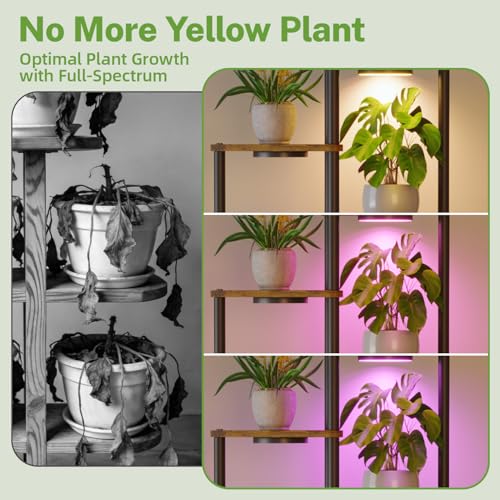 iDavosic.ly Tall Plant Stand with Grow Lights for Large & Heavy Duty Planters, 5 Tier Indoor Corner Flower Shelf with Wooden Trays & Metal Frame, Orchid Rack for Living Room Balcony, Black & Brown - size: 5 Tier with Light