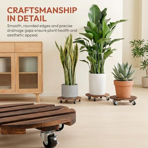 ZXZYHFTY Round Original Wooden Plant Stand with Wheels, 2 Packs Rolling Plant Stand with 360°Lockable Wheels for Vertical Garden Towers, Vertical Planting Tanks, Plant Pots, Wastebaskets (12") - color: Brown, size: 12"