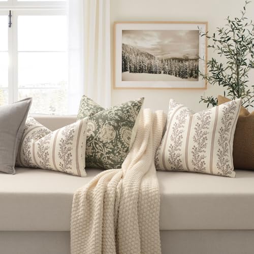 Vintage Throw Pillow Covers 16x16 Set of 2, Striped Floral Pillow Cover Botanical Patterned Decorative Cushion Covers Modern Farmhouse Home Decor for Sofa Couch Bed Living Room, Almond - color: Almond, size: 16" x 16" (Pack of 2)