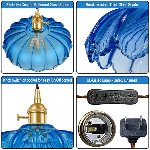 Plug-in Pendant Light Fixture, Hanging Light Fixture, Glass Pendant Light, Swag Lamp with Inline On/Off Switch for Kitchen Island, Bedroom, Dining Room, Living Room (Blue, 15 Ft Cord) - color: Blue, size: 15 ft