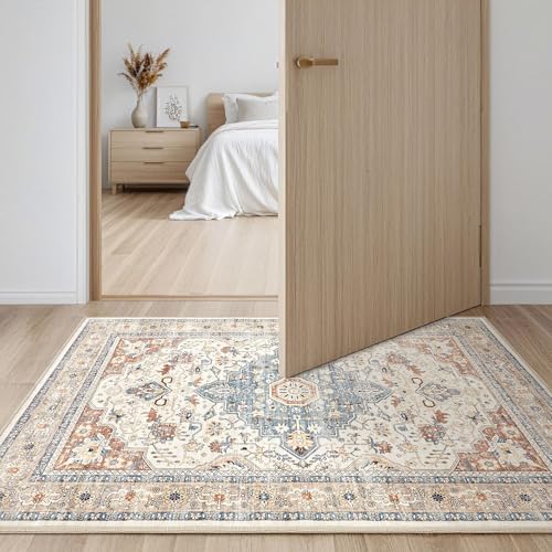 2x3 Rug Small Area Rugs: Washable Boho Neutral Vintage Soft Indoor Floor Oriental Carpet Farmhouse Distressed Low Pile Non Slip Throw Carpet for Kitchen Entryway Bedroom Nursery Entry- Beige Blue - color: Beige Blue, size: 2' x 3' (Rectangular)