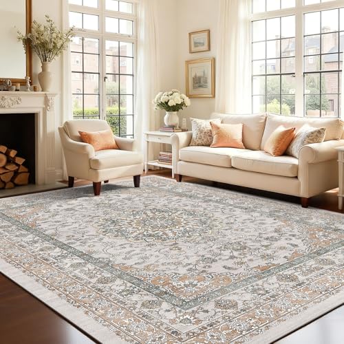 Farmhouse Washable Neutral Area Rugs for Living Room Bedroom Nursery, 8x10 Floral Dining Room Rug Under Table- Oriental Medallion Non Slip & Stain Resistant Carpet, Soft Vintage Mat(Beige & Orange) - color: Beige/Orange/Grey, size: 8' x 10' (Rectangular)