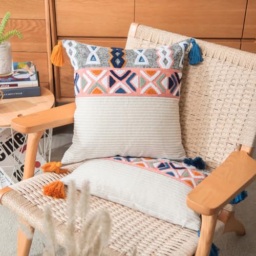 vctops Boho Tufted Throw Pillow Cover with Tassels, Bohemian Geometric Embroidery Cushion Cover Square Decorative Pillowcase for Sofa Couch Bedroom Home Decor, 18"x18" - size: 12"x20"