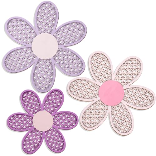 Maitys 3 Pieces Boho Daisy Wall Decor Natural Rattan Flower Wall Hanging Art Wooden Boho Art Nursery Flowers Farmhouse Hanging Decor for Home Office Nursery(Pink, Purple) - color: Pink, Purple