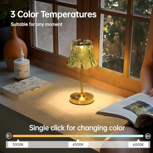 Shenmoyl Cordless Touch Table Lamp with 5200mAh Battery - 3 Adjustable Color Temperatures & Dimmable, Rechargeable Desk Lamp for Bedroom, Living Room, Office, Entryway, Bookshelves (Green Rose) - color: Green Rose