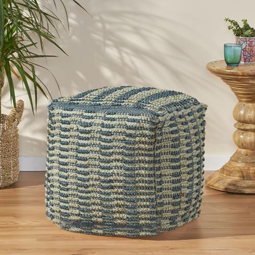 GDFStudio Boho Handmade Fabric Cube Pouf Ottoman Foot Stool - Bean Bag Floor Chair - Foot Rest Couch for Living Room Bedroom,Blue, Teal and Natural,15.75""x15.75""x15.75"", 312725N - color: Teal Blue, size: 16"