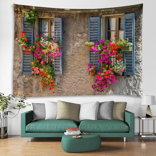 LYFANS window red flower bonsai printed fabric tapestry Decorative wall Art tablecloth bedspread picnic blanket beach towel Bedroom Dormitory Living Room Multifunctional tapestry 79 x 59 inches - color: Window Red Flower Bonsai, size: 79x59inch