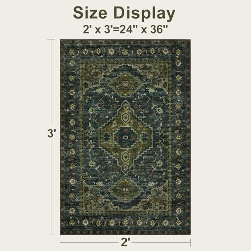 Tangsoo Oriental Small Washable Rugs for Entryway 2x3 Vintage Olive Green Rug Non Slip Small Area Rug, Front Door Boho Print Door Mat Indoor Entrance Soft Low Pile Throw Rug for Entry Kitchen Bedroom - color: Dark Blue/Green, size: 2' X 3' (Rectangular)
