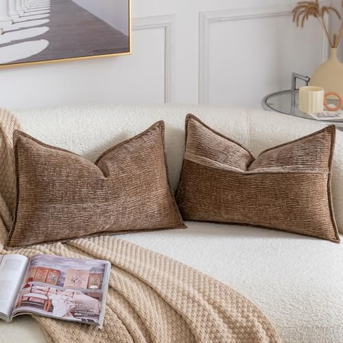 MADIZZ Pack of 2 Decorative Throw Pillow Covers Soft Chenille Throw Pillows Solid Textured Cushion Covers for Couch Sofa Bedroom Living Room 20x12 Inch, Brown - color: Brown, size: 20" x 12" (Pack of 2)