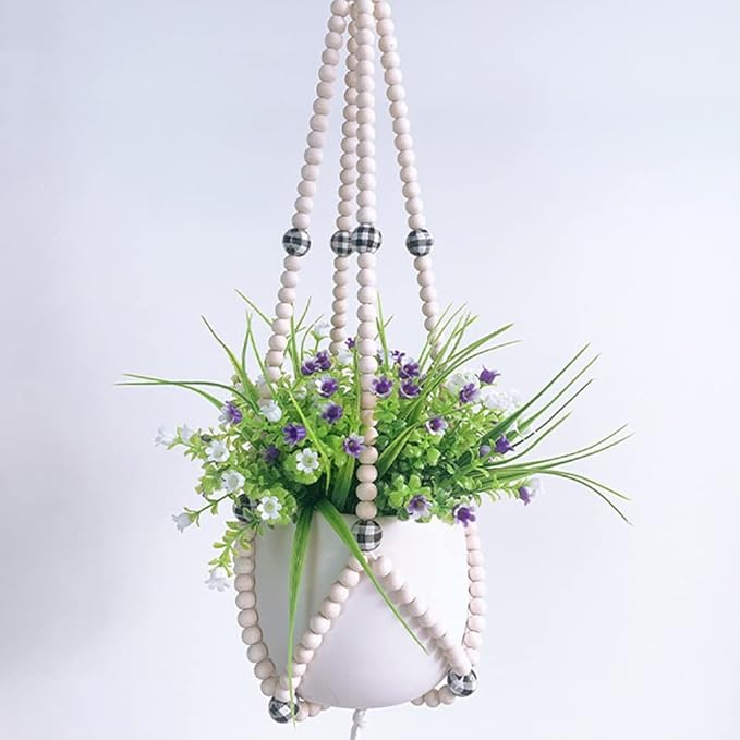 Ochine Macrame Plant Hanger Indoor Hanging Planter Basket Wood Beads Decorative Boho Flower Pot Holder with Round Hooks for Indoor Outdoor Boho Home Decor Handmade Bead Hangers (Not Included Pot)