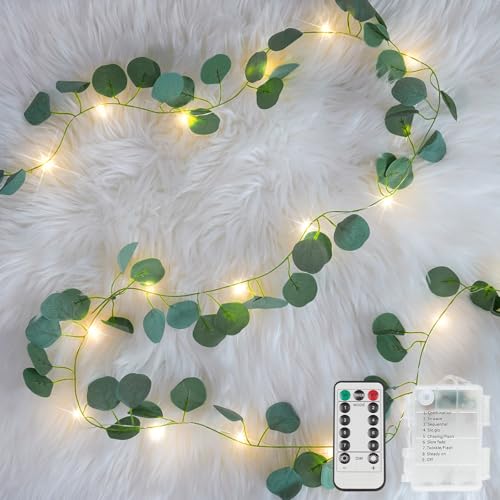 suddus Vines with Lights Battery Operated, 33ft 100 LED Eucalyptus Garland String Lights with Remote, Leaf Lights for Bedroom, Room, Wall, Garden, Party, Wedding Decor (Warm White) - color: Eucalyptus, size: 100 LED-Battery-Copper