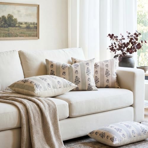 Amor Virisso Floral Throw Pillow Covers 12 x 20 Set of 2 Block Print Pillow Covers Neutral Floral Striped Farmhouse Decorative Pillow Covers for Sofa Couch Bed, Light Blue - color: Light Blue, size: 20" x 12" (Pack of 2)