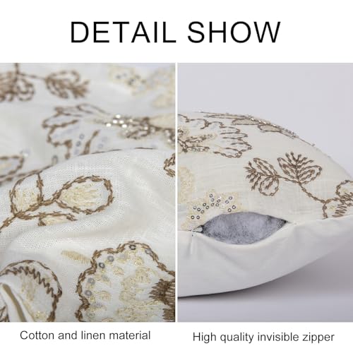 Floral Embroidered Lumbar Throw Pillow Cover 12x 20, Sequin Chinoiserie Flower Neutral Linen Pillow Cushion Cases, Farmhouse Decorative Pillows for Bed, Outdoor Couch White - color: White