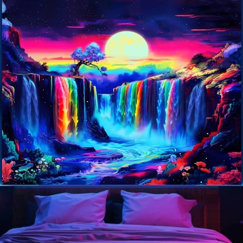 Apdidl Blacklight Posters Waterfall Moon Tapestry, Black Light Neon UV Reactive Mountain Tree Tapestries Wall Hanging, Fantasy Landscape Wave Nature Tapestry for Bedroom Room Dorm Decor (60"X79") - color: Waterfall Blacklight Tapestry, size: 79"L x 60"W