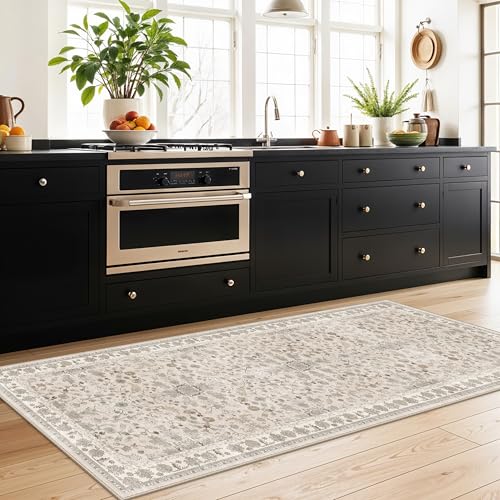 3x7 Washable Non-Slip Kitchen Runner Rug – Soft Low-Pile Stain-Resistant Carpet for Hallway Entryway Bedroom Laundry Room Bathroom – Boho Floral Wide Floor Runner with Rubber Backing (Beige,3x7) - color: Beige, size: 3' x 7' (Rectangular)