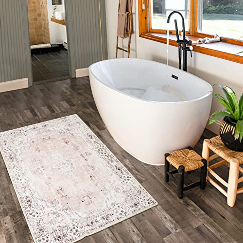 MUJOO Pink Area Rug Small Area Rugs Boho Machine Washable Rugs Non Slip for Entryway Kitchen Bathroom Bedroom Vintage Soft Low-Pile 2'x3' Flowers - color: Pink, size: 2' x 3' (Rectangular)