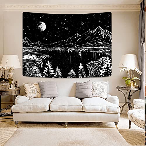Zussun Black and White Tapestry Starry Night Mountain Tapestries for Bedroom Aesthetic Moon and Stars Tapastry's Wall Hanging Dark Nature Forest Wall Tapestry for Living Room Dorm (90'' × 68'') - color: Black, size: 90"L x 68"W