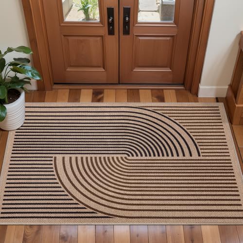 Tangsoo Rainbow Easy Jute Rug 2x4 Small Throw Rugs for Entryway,Washable Ultra Thin Outdoor Door Mat, Black Brown Non-Slip Indoor Floor Carpet for Entrance Kitchen Hallway Bedroom Front Porch - color: Black/Brown, size: 2x4ft