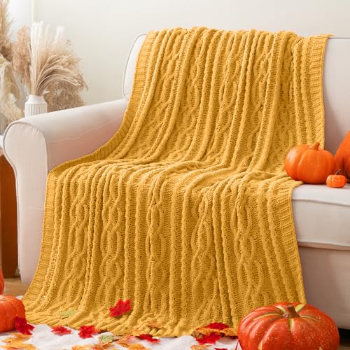 Battilo Mustard Yellow Throw Blanket 51"x67" Chenille Knitted Throw Blanket for Couch, Gold Throw Blankets for Home Decor, Summer Fall Decor Blanket - color: Mustard Yellow