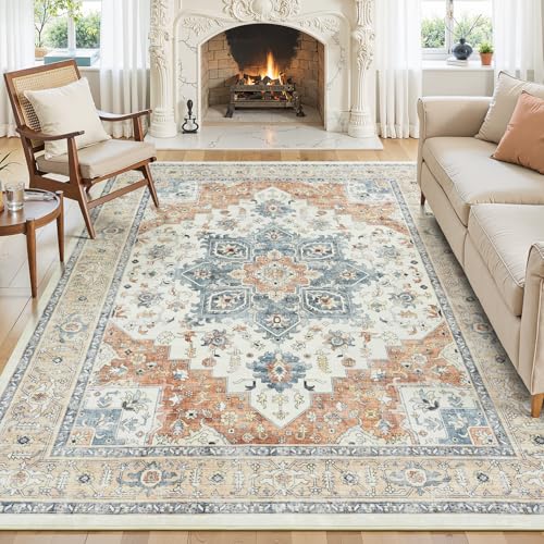 5x7 Bedroom Rug - Boho Aesthetic Floral Beige and Orange, Washable Low Pile Non-Slip Carpet, Stain Resistant Area Rugs for Under Bed, Large Entryway, Kitchen, Playroom, Bed Room, Living Room - color: Beige Orange, size: 5' x 7' (Rectangular)