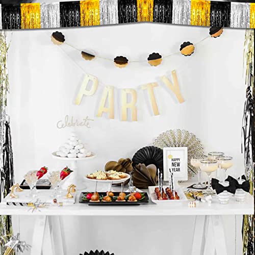 6 Pack 10 Feet Black Gold Silver Foil Fringe Garland Metallic Tinsel Streamers Banner Wall Hanging Backdrop Banner for Parade Floats, Thanksgiving, Christmas, Birthday, Halloween Party Decorations - color: 6 Pack Black Gold Silver