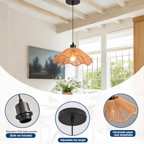 3 Pack Brown Woven Pendant Light Fixtures,11.81" Rattan Pendant Lights Farmhouse Basket Light Fixture Adjustable Boho Hanging Lamp for Kitchen Island Bedroom Dining Room Foyer Hallway - color: flower+brown