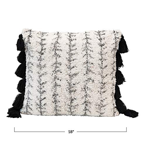Creative Co-Op Cotton Printed Tufted Tassels, Black & Cream Color Pillow