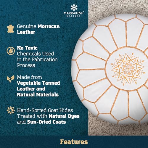 Marrakesh Gallery Genuine Leather Round Pouf Unstuffed - Moroccan Ottoman Footstool, Footrest Cover - Boho Decor - Bohemian Living Room, Bedroom, Kids Room, Gift & Wedding - color: White By Mustard