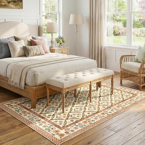 jinchan Haden 5x7 Vintage Floral Area Rug for Living Room Bedroom Soft Non-Slip Low Pile Washable Cottage Decor Dining Room Home Office Girls Dorm Carpet Terracotta - color: Terracotta, size: 5' x 7' (Rectangular)