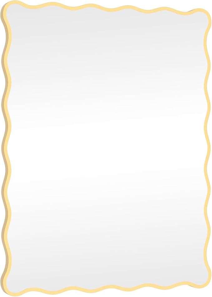 Gold Wavy Mirror Whit Wood Frame, 18" x 24" Small Rectangle Boho Mirror for Nursery Wall Decor, Bathroom Vanity, Bedroom, Living Room, Entryway