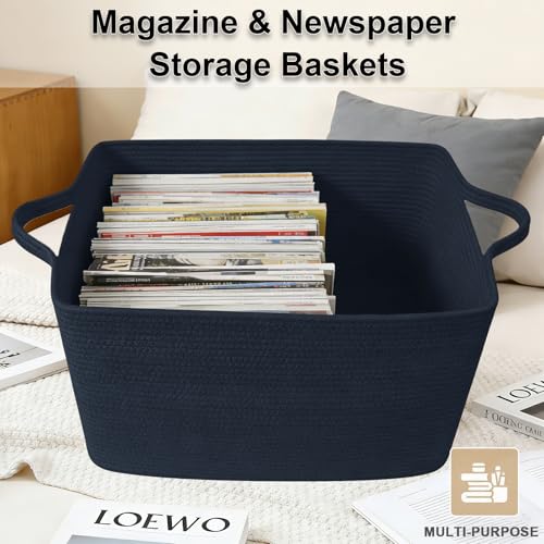 96L Large Blanket Basket,24"x16"x15"Rectangle Storage Bin with Handles,Woven Rope Laundry Basket for Toys, Clothes,Magazines,Home Organization,Nursery,Living Room & Bedroom,Navy - color: Navy, size: 24"x16"x15"(96L)