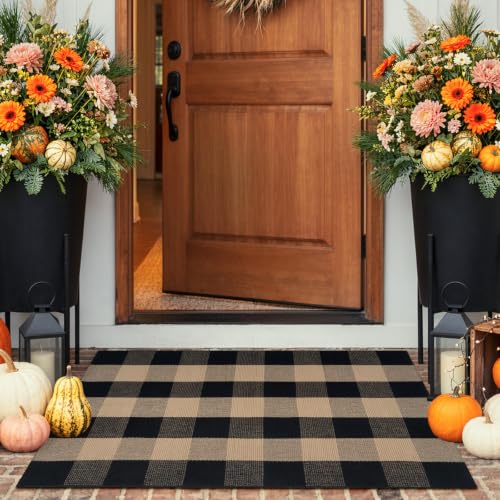 KIMODE Front Door Mat 27.5"x43",Black and Tan Checkered Outdoor Rug,Farmhouse Fall Front Porch Rug Decor,Cotton Woven Washable Layered Doormats for Front Door Outside Entrance - color: Black/Brown, size: 2'4" x 3'7" (Rectangular)
