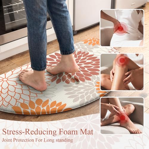 KIMODE Half Circle Kitchen Mats for Floor Cushioned Anti Fatigue,18" x 28" Semi Round Dahlia Boho Kitchen Rug Non Slip,Waterproof Kitchen Carpet Decor Standing Mat for Sink Laundry Bathroom,Orange - color: Multi Orange, size: 28" x 18" (1 PC)--0.47 inches