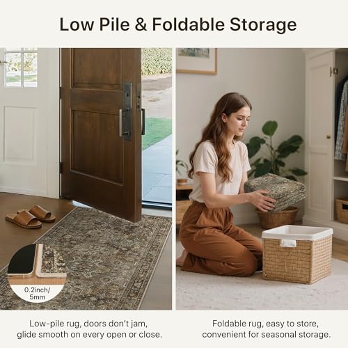 Bavni Washable Runner Rug 2x10, Non Slip Vintage Kitchen Runner Rug, Ultra Thin Low Pile Long Hallway Runner, Machine Washable Carpet Runner for Kitchen Entryway Bedroom Laundry Room, Brown - color: Brown, size: 2' x 10' (Rectangular)